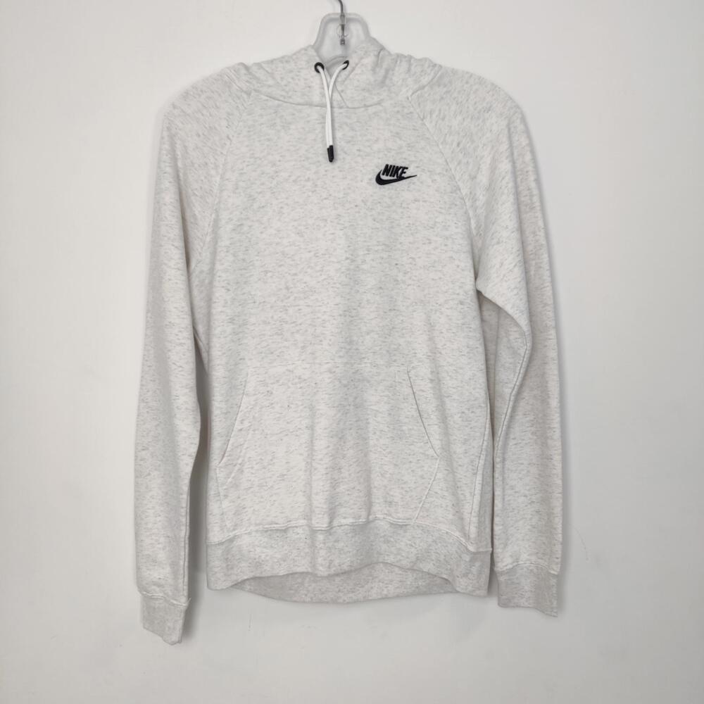 Nike White Marled Funnel Neck Hoodie Small Kangaroo Pocket Athletic Grunge